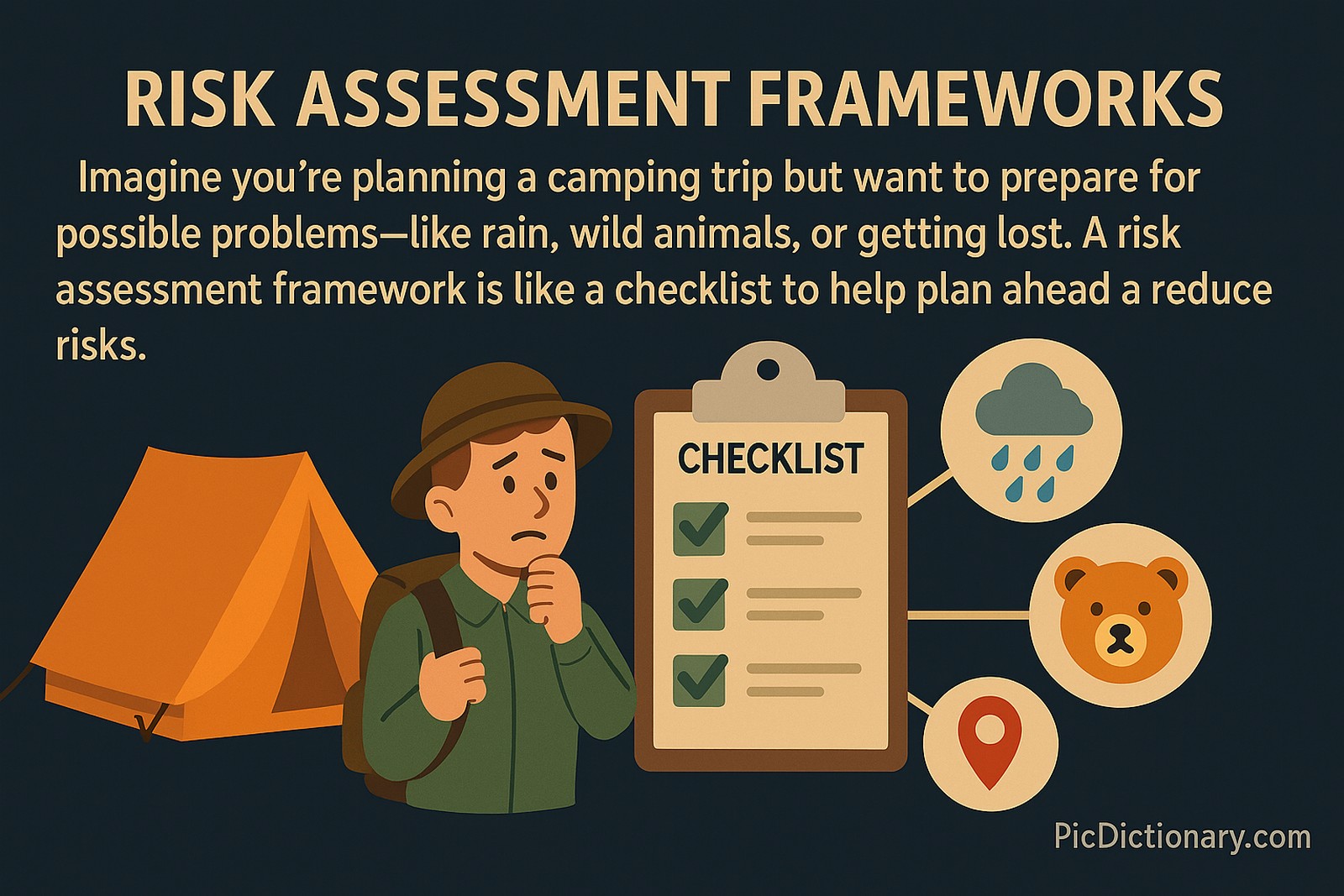 A flat-style digital illustration shows a camper preparing for a trip. On the left is an orange tent, and in the center is a checklist with three checkmarks. A worried camper stands between the tent and the checklist. Icons to the right represent risks: rain, a bear, and getting lost (pin icon). The dark navy-blue background features the corrected title “RISK ASSESSMENT FRAMEWORKS” in bold beige text, with explanatory text below.