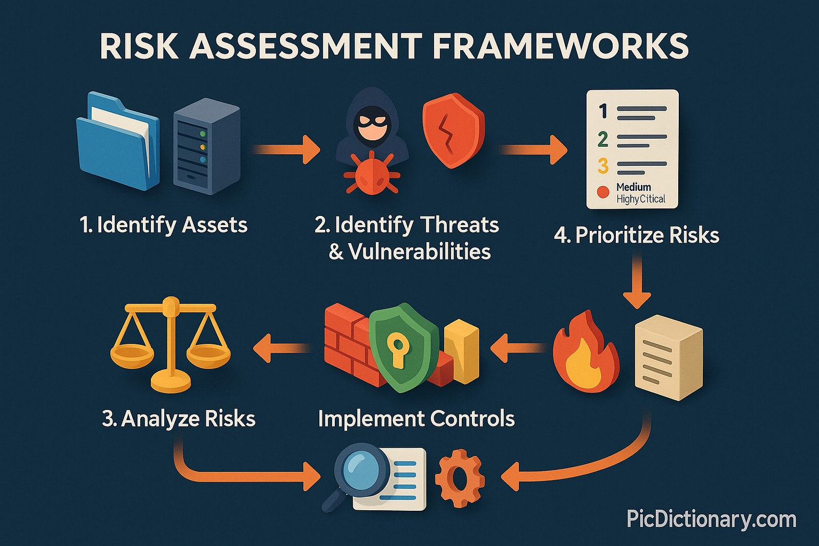 A 3D workflow infographic titled "Risk Assessment Frameworks" set against a dark-shaded background. The diagram starts with a step labelled “1. Identify Assets” showing digital files and servers. An arrow leads to “2. Identify Threats & Vulnerabilities,” illustrated with icons of malware, hackers, and broken shields. Next is “3. Analyze Risks,” with a balance scale and charts evaluating impact vs. likelihood. This connects to “4. Prioritize Risks,” represented with a numbered checklist and color-coded severity levels (low to critical). Following that is “5. Implement Controls,” depicted with firewall, authentication, and policy icons. The final step, “6. Monitor & Review,” includes a magnifying glass over a report and a gear icon for feedback loops. All elements are arranged in a left-to-right flow with clear 3D visuals and concise text labels. 