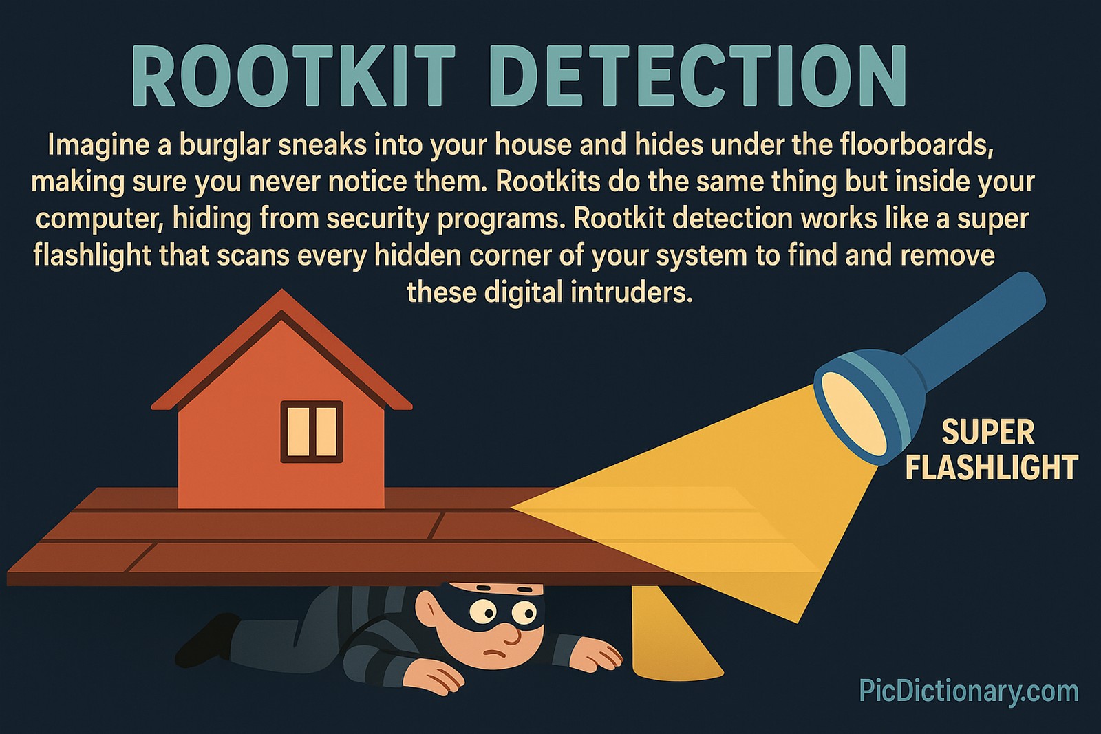 A 2D digital illustration visually explains rootkit detection using an analogy. A cartoon-style burglar is hiding under floorboards of a small house, representing a rootkit hidden in a computer. A large flashlight labeled "SUPER FLASHLIGHT" shines under the floorboards, symbolizing the rootkit detection process exposing the hidden threat.