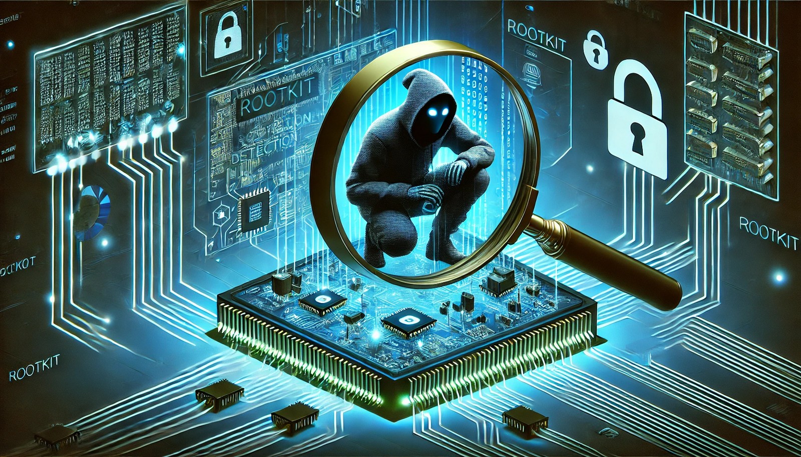  A futuristic digital illustration of rootkit detection, showing a magnifying glass scanning deep into a computer system. A hidden shadowy figure lurks within the circuits, symbolizing concealed malware. The scene glows with blue and green cybersecurity-themed elements.