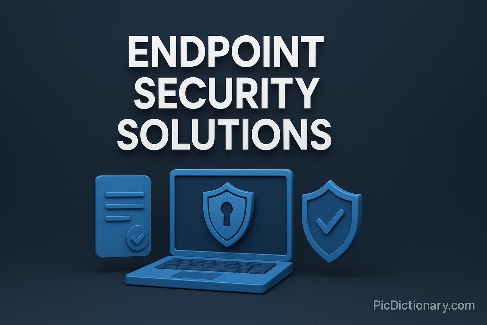 A 3D-rendered digital image features the words "ENDPOINT SECURITY SOLUTIONS" in bold, uppercase white text centered in the top half. The background is a dark gradient blue. Below the title are 3D blue icons: a document with a checkmark, a laptop with a shield and keyhole on its screen, and a shield with a tick mark.