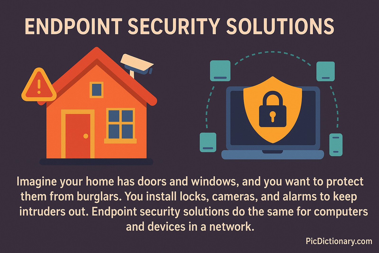 A 2D digital illustration compares home security to endpoint security. On the left, a bright orange house is equipped with a security camera, warning sign, and lock, symbolizing traditional home protection. On the right, a laptop displays a yellow shield with a padlock, surrounded by connected devices representing a secured digital network. 