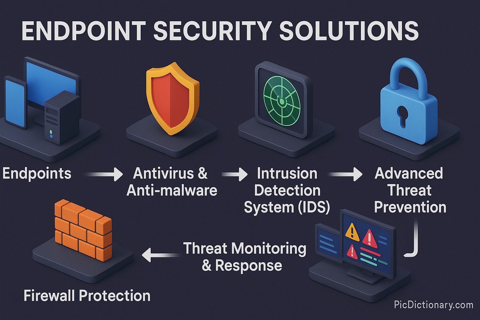 A 3D workflow diagram explaining endpoint security solutions. It shows networked devices (PCs, phones, servers) protected from various threats like malware and phishing through layered security tools: antivirus software, firewalls, intrusion detection systems, and threat prevention. 