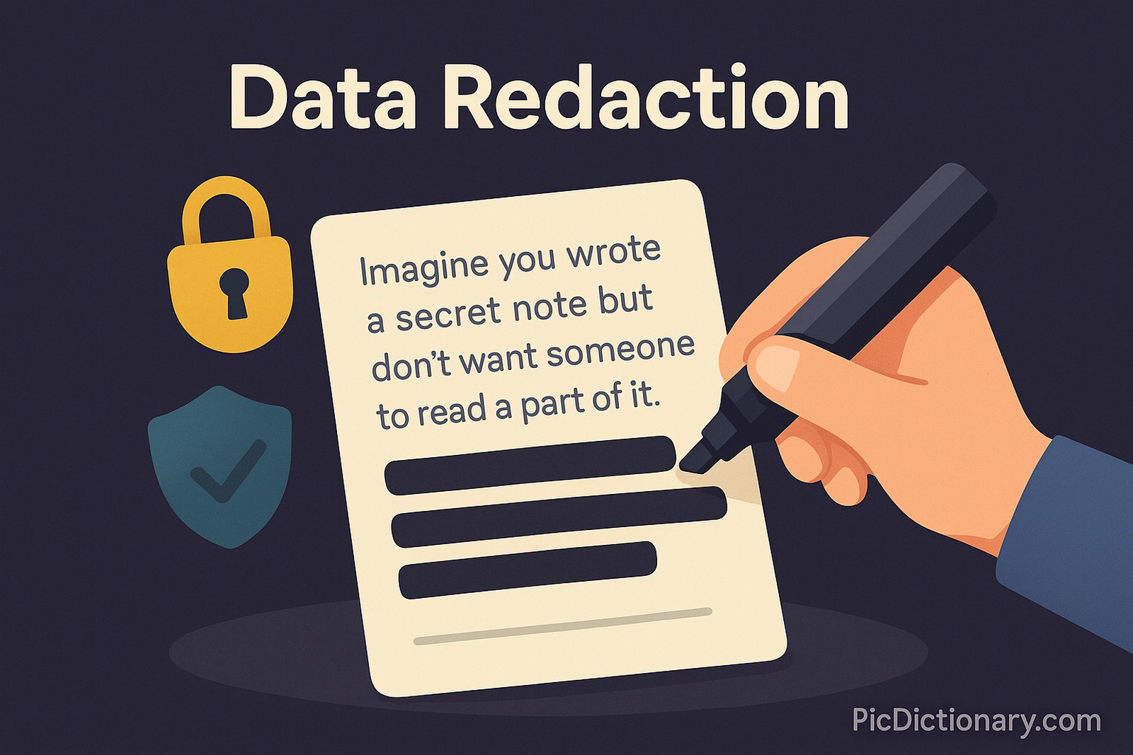 A 3D-style illustration showing a handwritten note on paper where a few lines are clearly visible, but some words are thickly blacked out with a marker. A cartoon hand holding a black marker hovers above the paper mid-redaction. In the background, a lock icon and a shield subtly glow to represent security