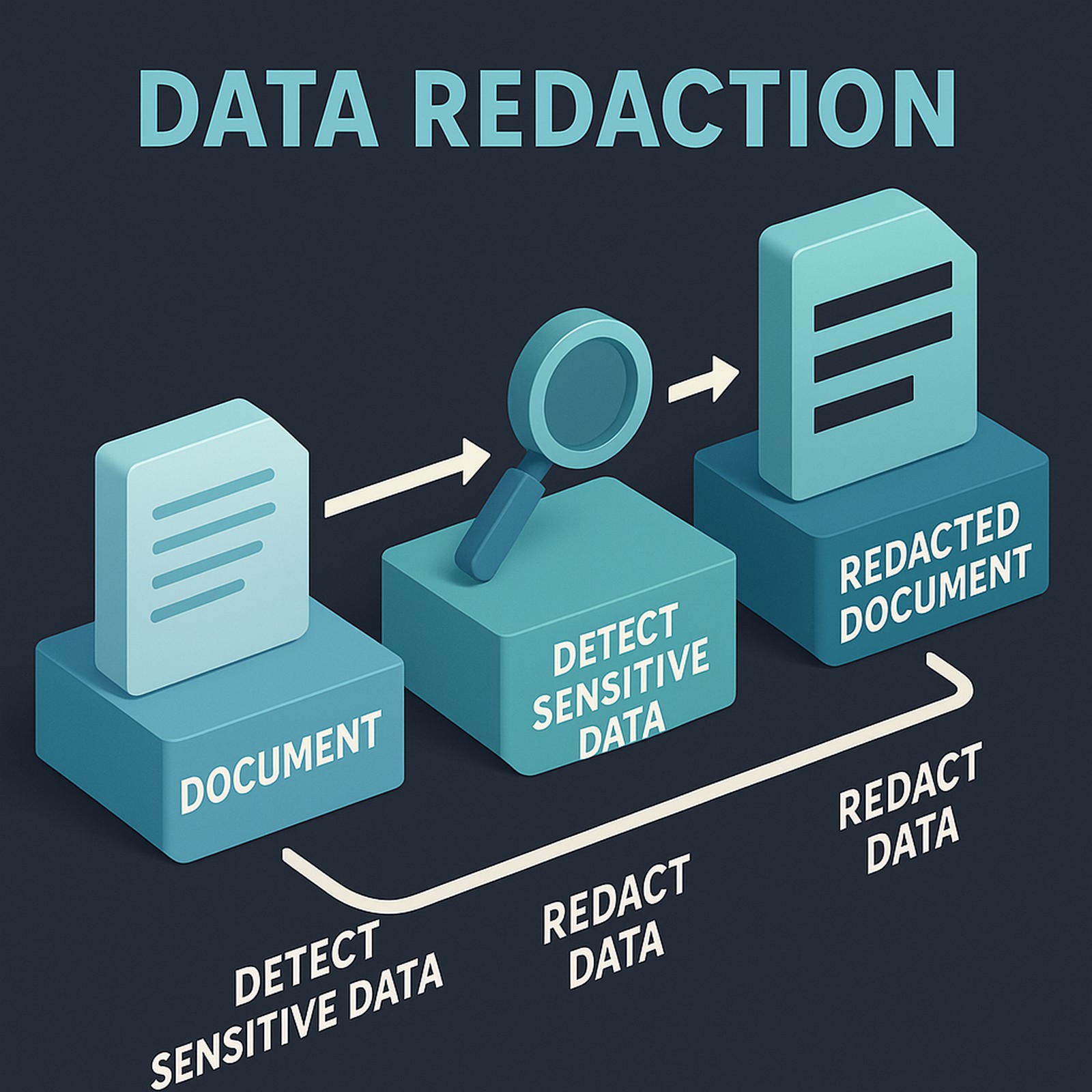 A 3D infographic titled "DATA REDACTION" displays a clear step-by-step visual workflow on a dark navy background. Three labeled blocks illustrate the process: the first shows a document icon labeled “DOCUMENT,” the second has a magnifying glass labeled “DETECT SENSITIVE DATA,” and the third shows a redacted file labeled “REDACTED DOCUMENT.” 