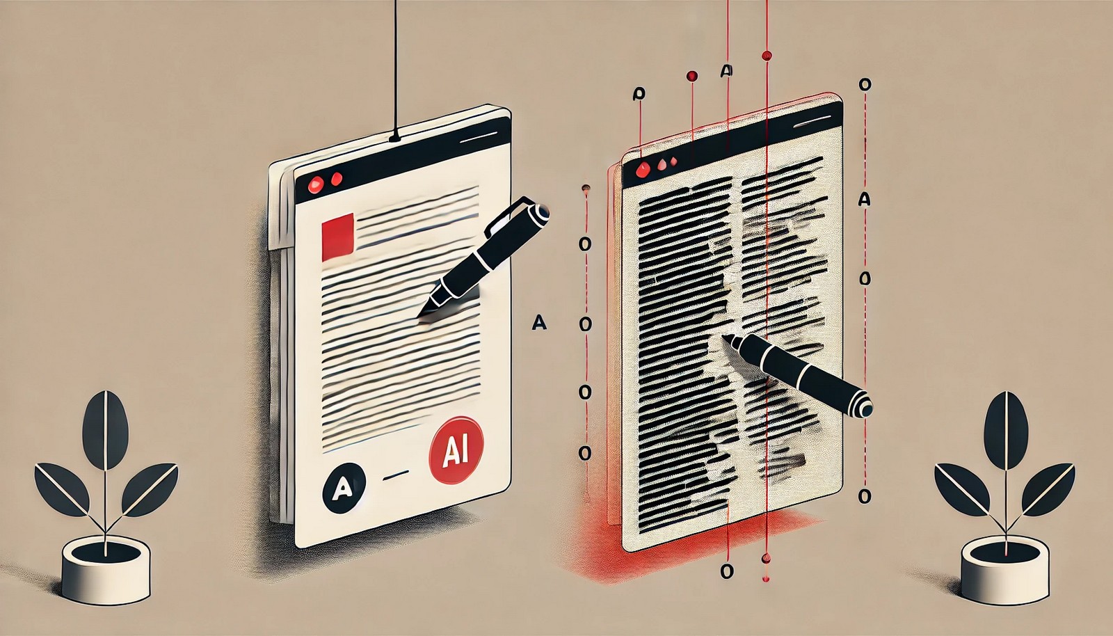  A minimalistic illustration showing data redaction. On the left, a physical document is blacked out with a marker. On the right, an AI system automatically redacts sensitive digital information, symbolizing cybersecurity and privacy.