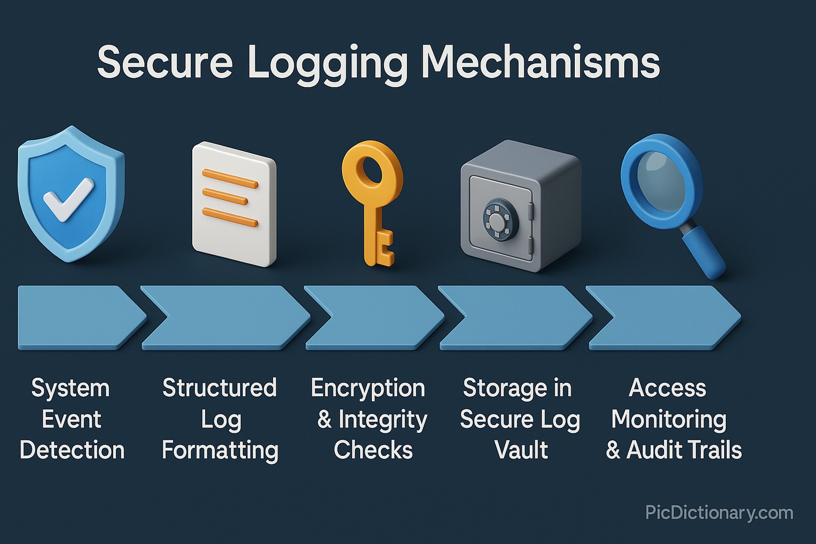 A 3D infographic illustration titled "Secure Logging Mechanisms" displayed on a dark-shaded background. The image visually represents a secure log workflow: starting with "System Event Detection", then flowing through "Structured Log Formatting", "Encryption & Integrity Checks", "Storage in Secure Log Vault", and ending with "Access Monitoring & Audit Trails". Each step is marked with labeled icons—such as a shield, a key, a vault, and a magnifying glass—to indicate protection, encryption, secure storage, and oversight.