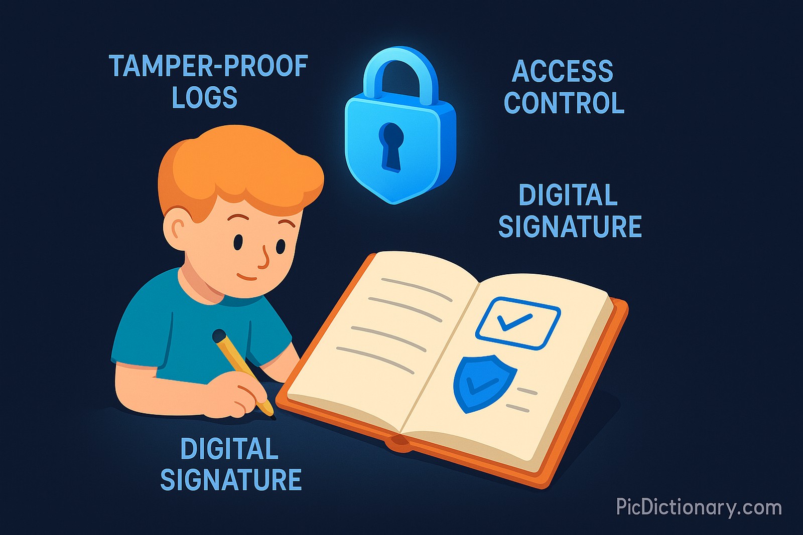 A 3D illustration shows a child writing in a diary with a glowing digital padlock floating above the book. Each diary page has a visible digital signature stamp, and a shield icon beside it symbolizes protection. The background is a dark navy gradient. Labels like “Tamper-Proof Logs,” “Access Control,” and “Digital Signature” float near the diary