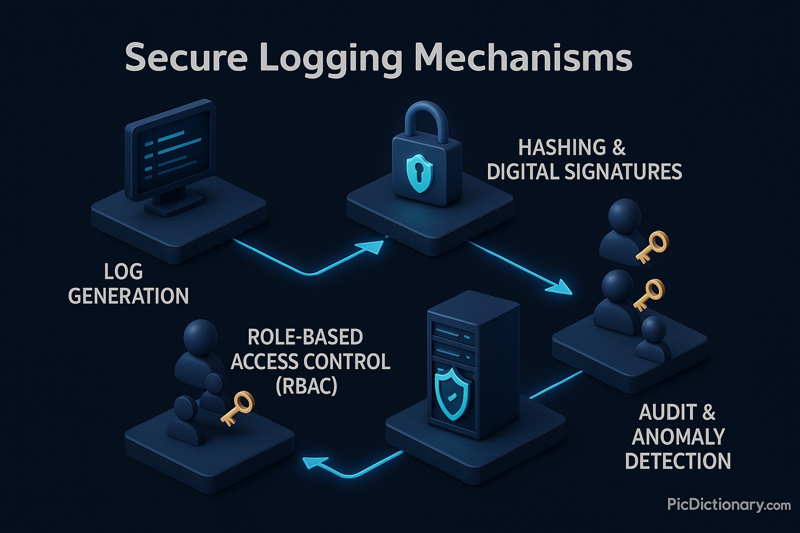     Log Generation – A glowing terminal icon showing user/system activity being recorded.      Hashing & Digital Signatures – A padlock and hash symbol illustrating integrity protection using cryptographic techniques.      Secure Storage – A server rack icon surrounded by a shield, indicating logs stored in encrypted, access-controlled systems.      Role-Based Access Control (RBAC) – User avatars with tiered key icons, emphasizing controlled access to logs based on roles.      Audit & Anomaly Detection – A magnifying glass scanning logs with alert icons, denoting ongoing monitoring for tampering or unusual behavior.