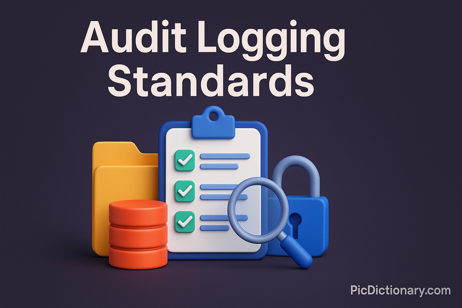 A 3D-rendered digital illustration featuring the title "Audit Logging Standards" above a colorful composition of icons including a clipboard with checkmarks, a yellow folder, a red-orange database, a magnifying glass, and a blue padlock,