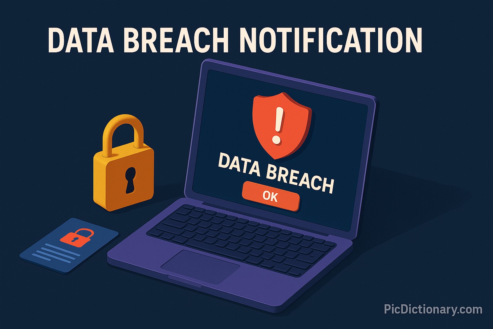  A 3D-rendered digital illustration features a notification screen on a laptop displaying a red shield with an exclamation mark and the words "DATA BREACH" alongside an “OK” button. The scene includes a large yellow padlock and a card with a lock icon, 