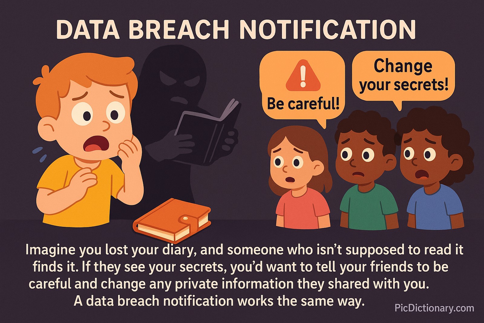 A 2D or 3D illustration showing a child looking shocked after realizing their diary is missing, with a shadowy figure in the background reading it. Nearby, a group of cartoon-style friends receive alert notifications or messages that say "Be careful!" and "Change your secrets!" to represent the idea of a data breach notification.