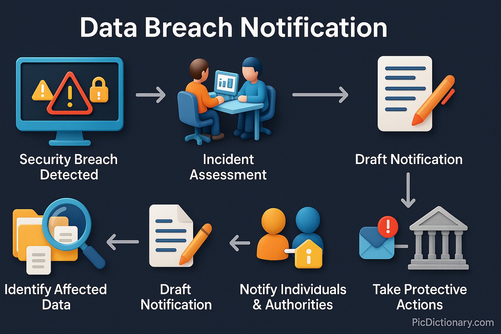 A 3D infographic illustration with a dark background showing the step-by-step process of a data breach notification. The image begins with a computer screen labeled "Security Breach Detected" with warning icons. Next, a step labeled "Incident Assessment" shows analysts examining data. The following step is "Identify Affected Data" represented by folders and documents under magnifying glass visuals. Then, "Draft Notification" is shown with a document icon and pen symbol. "Notify Individuals & Authorities" follows, with icons of people, email alerts, and a government building. Finally, a step titled "Take Protective Actions" displays a checklist and lock icon.