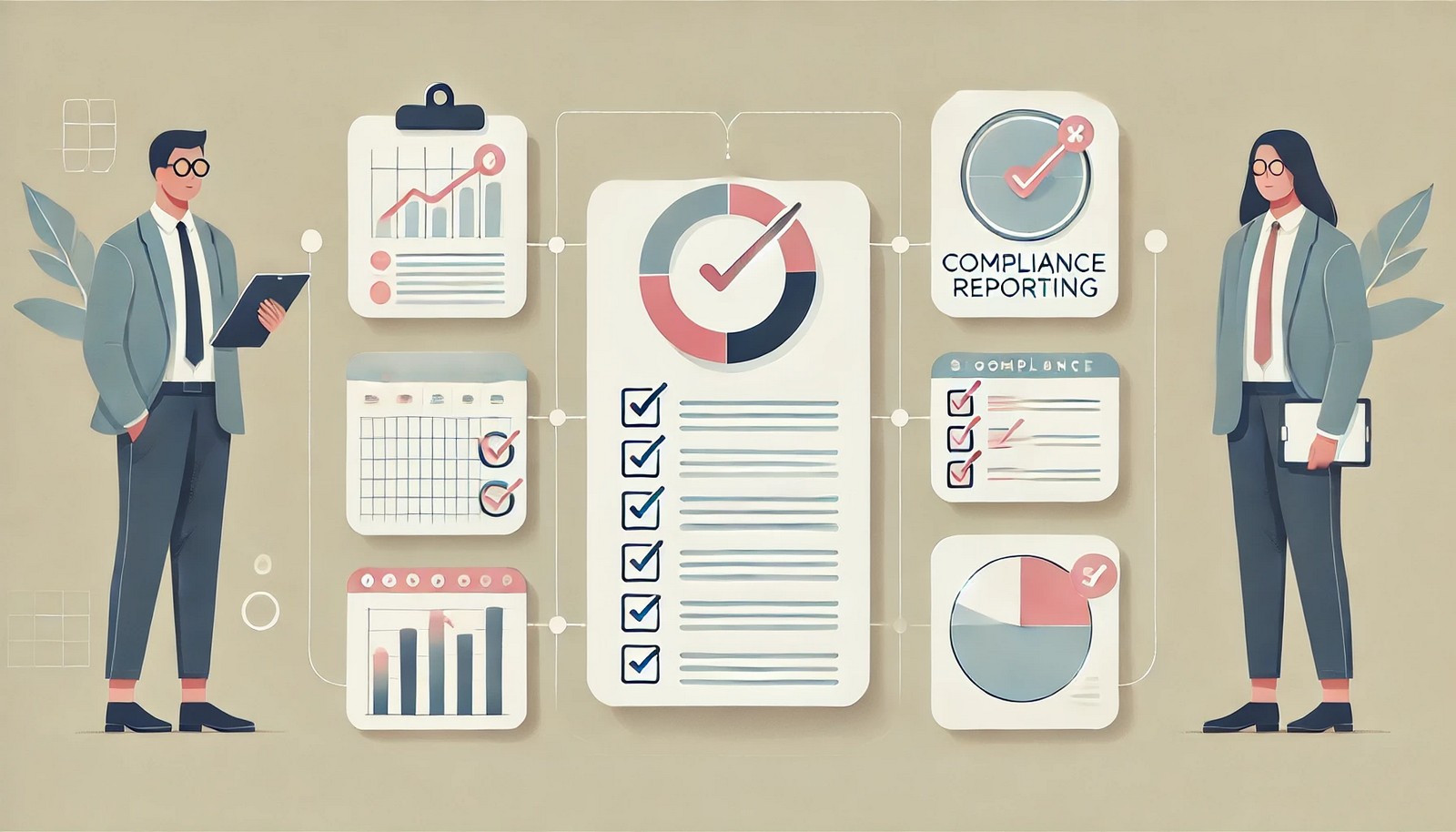  A minimalistic digital illustration of compliance reporting tools, featuring a dashboard with charts, checklists, and a progress tracker. The soft-colored design represents automated compliance monitoring without any text elements.