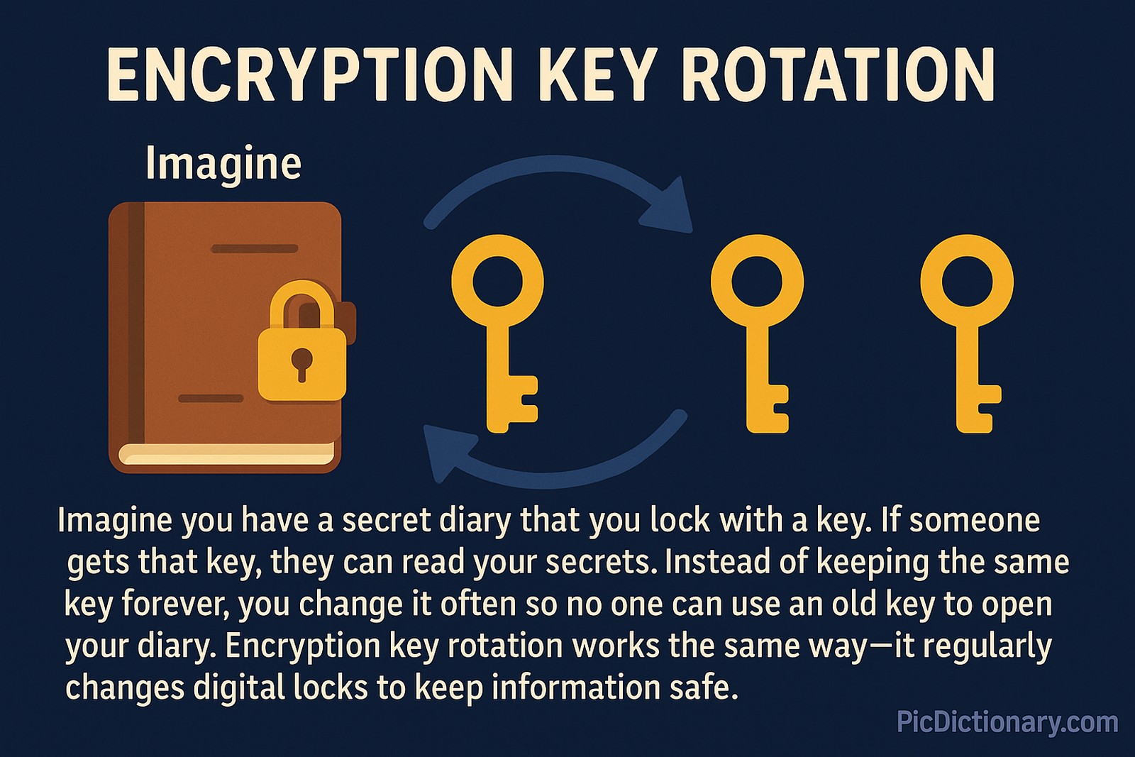A 2D digital illustration explains encryption key rotation using the analogy of a locked diary. On the left, a brown diary with a golden padlock represents secured data. Beside it, three golden keys are arranged in a cycle with circular arrows, indicating rotation. Below, a caption reads: “Imagine you have a secret diary that you lock with a key. If someone gets that key, they can read your secrets. Instead of keeping the same key forever, you change it often so no one can use an old key to open your diary. 