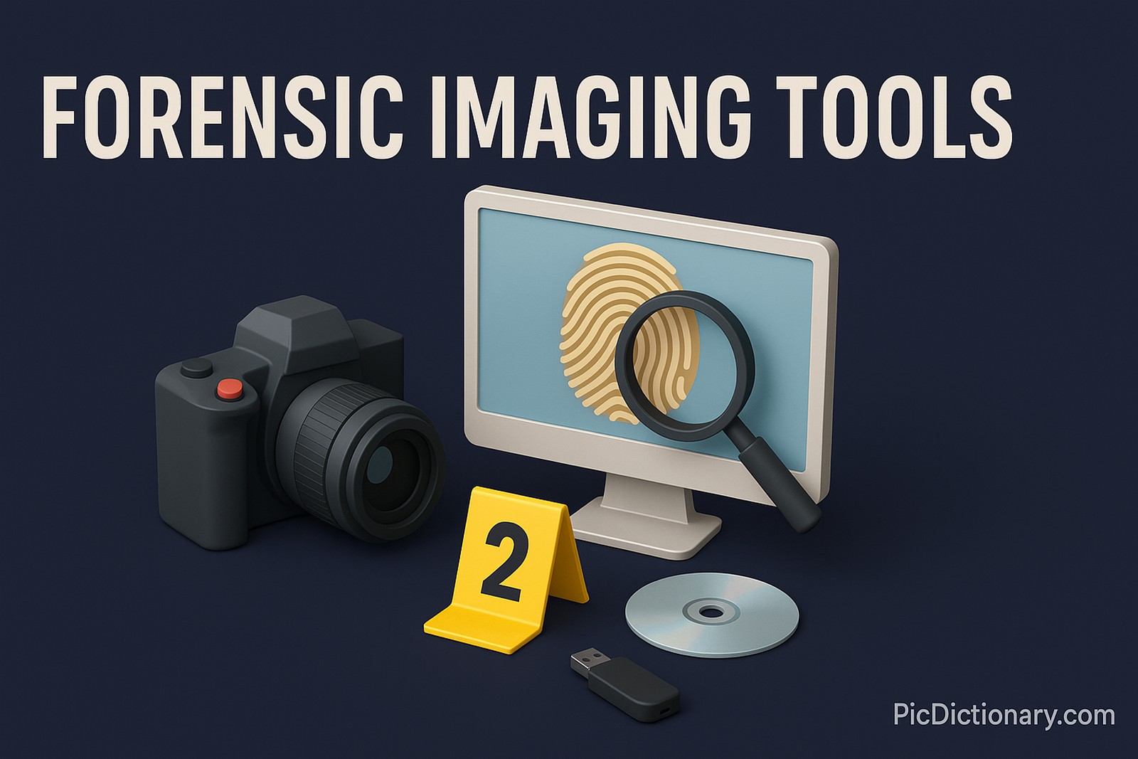 A 3D-rendered digital illustration features forensic imaging tools arranged neatly on a dark navy background. A computer monitor displays a fingerprint enlarged by a magnifying glass, while a digital camera, yellow evidence marker labeled "2", USB drive, and compact disc are placed in the foreground.