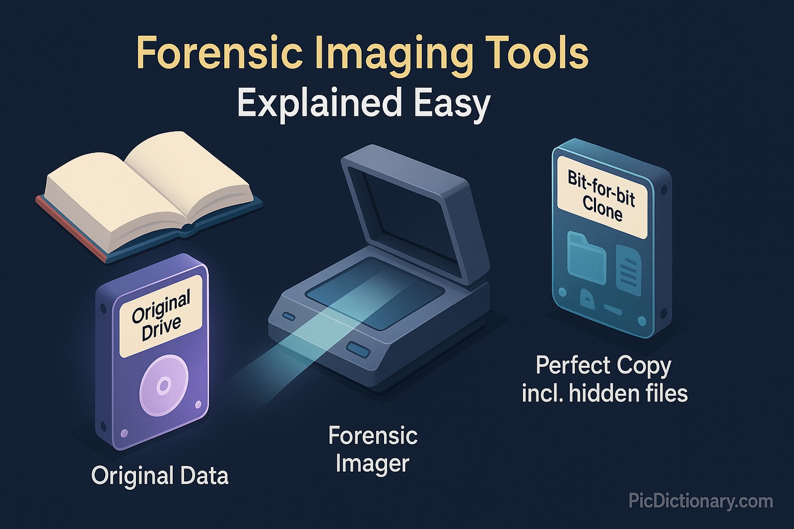 On the left sits an open book beside a hard‑drive icon labeled “Original Drive,” symbolizing source data. Center stage is a flatbed‑style scanner marked “Forensic Imager,” with a cyan beam linking the source drive to the right‑hand drive labeled “Bit‑for‑bit Clone,” overlaid with faint document and folder icons to indicate hidden and deleted files preserved. Short captions—“Original Data,” “Forensic Imager,” and “Perfect Copy incl. hidden files”—sit beneath each element