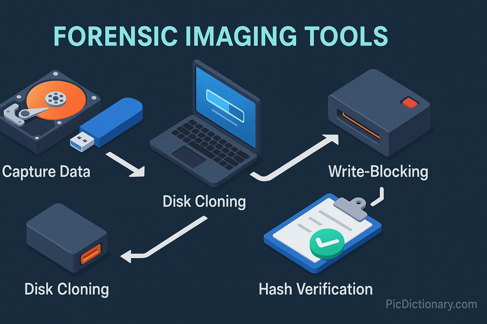 A 3D-style infographic titled "FORENSIC IMAGING TOOLS" on a dark blue background. It shows a step-by-step process: "Capture Data" with a hard disk and USB, "Disk Cloning" with a laptop and external drive, "Write-Blocking" using a dedicated hardware tool, and "Hash Verification" with a clipboard and green checkmark. White arrows guide the viewer through each step in a logical workflow. 
