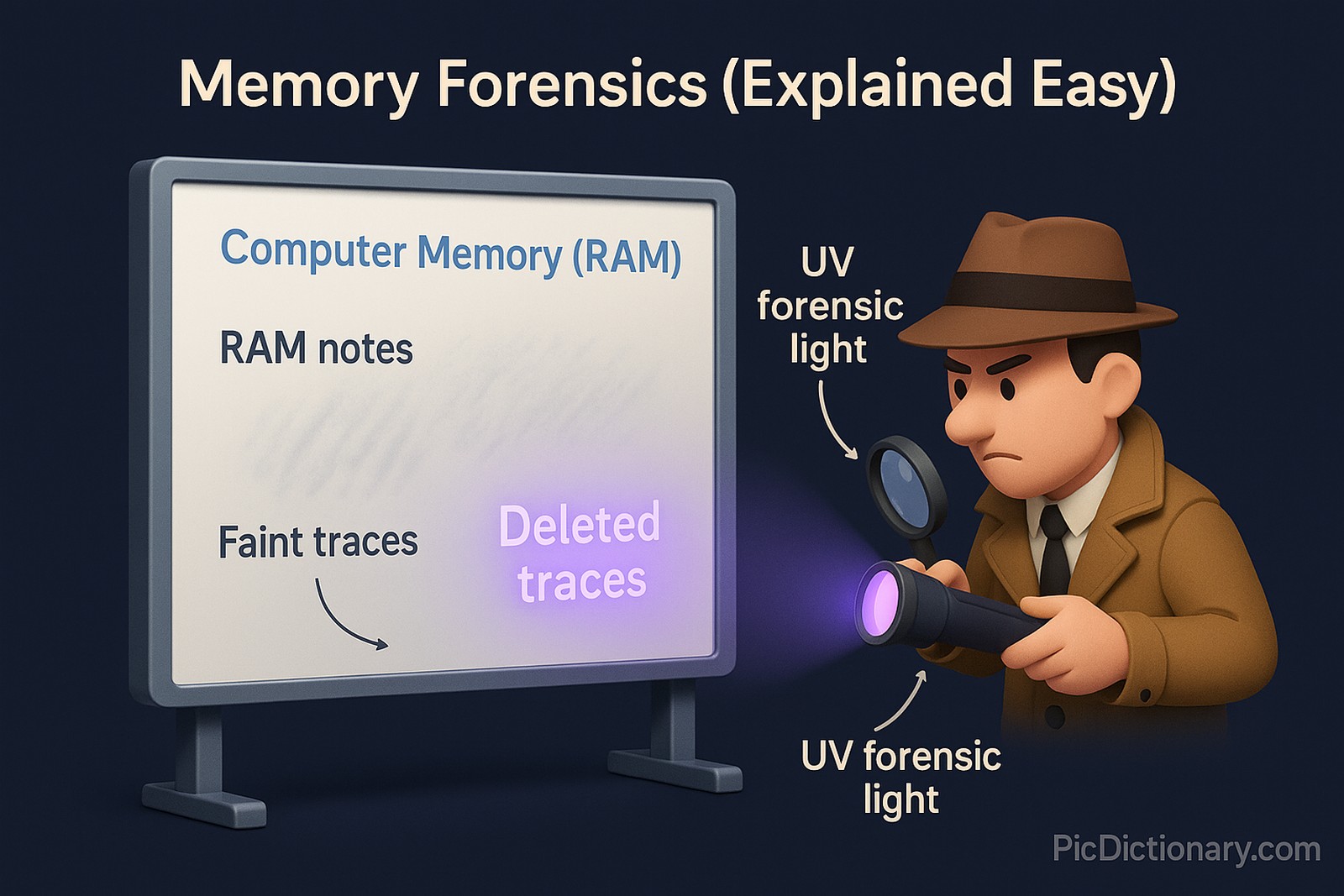 3D digital illustration titled “Memory Forensics (Explained Easy)” on a dark‑navy background. At left, a freestanding whiteboard labelled “Computer Memory (RAM)” shows scribbled grey smudges with the caption “Faint traces.” Beside the board, a cartoon detective in a brown trench coat shines a purple UV flashlight; the light reveals glowing text on the board that reads “Deleted traces.” Arrows point to the board and flashlight with labels “RAM notes,” “Faint traces,” and “UV forensic light.” 