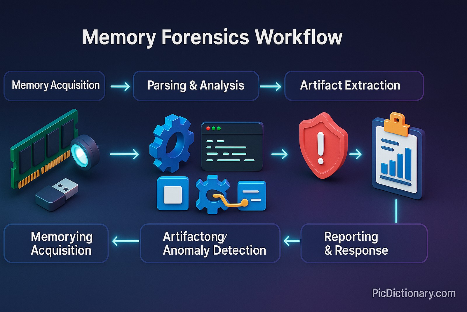  Five labelled stages run left‑to‑right, joined by glowing cyan arrows: Memory Acquisition (RAM module and USB dumper under a flashlight beam) → Parsing & Analysis (blue gear beside a code window) → Artifact Extraction (open folder and blue blocks) → Anomaly Detection (red shield with exclamation mark) → Reporting & Response (clipboard with bar‑chart