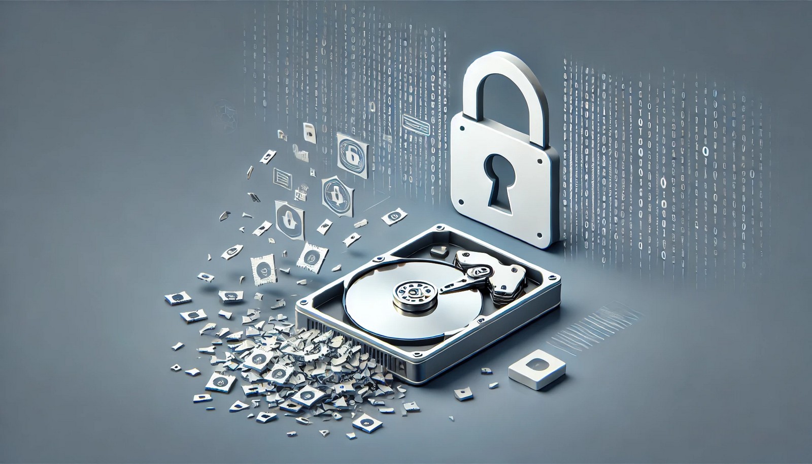  A conceptual illustration of secure data destruction, featuring a hard drive being shredded into tiny pieces with a glowing digital lock symbol in the background, representing cybersecurity, data protection, and permanent deletion.
