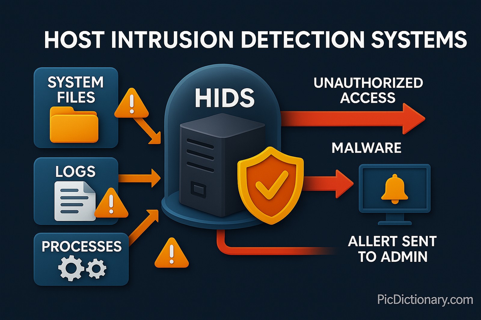 3D rendered infographic titled “Host Intrusion Detection Systems” set against a dark, gradient background. The image shows a central server or computer icon protected by a transparent security dome labeled “HIDS.” Around it, various labeled elements represent system files, logs, and processes being monitored—some flagged with warning icons. A shield icon appears intercepting red arrows marked “Unauthorized Access” and “Malware.” Another arrow flows from the system to a notification screen labeled “Alert Sent to Admin.”