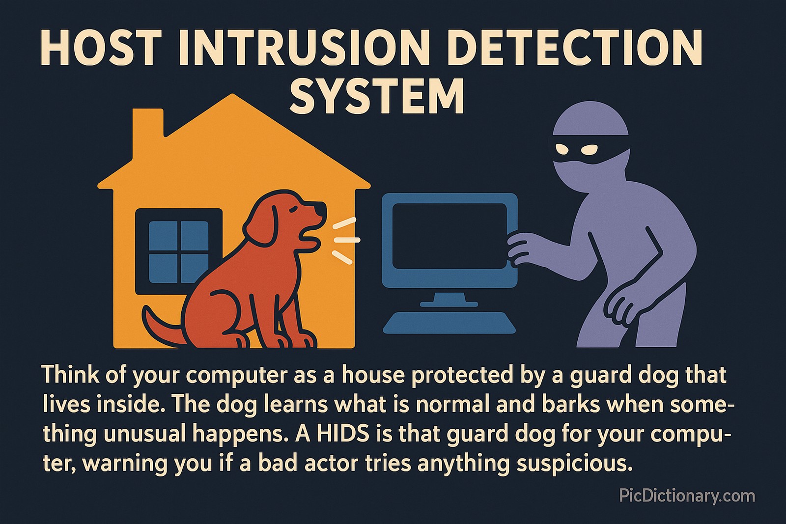 A flat-style digital illustration showing a house with a barking guard dog inside, facing a desktop computer. Outside, a masked intruder figure approaches the computer, representing a threat. The image includes explanatory text comparing a Host Intrusion Detection System (HIDS) to a trained dog that detects unusual behavior. 