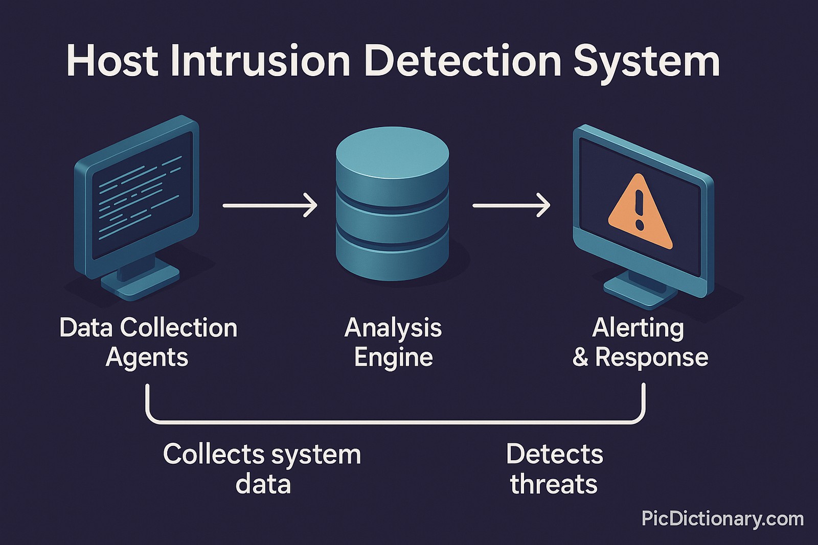 3D infographic showing the process of a Host Intrusion Detection System (HIDS) in three labeled steps: “Data Collection Agents” on the left with a computer icon collecting system data, connected by an arrow to a central cylinder labeled “Analysis Engine,” which is in turn connected to “Alerting & Response” on the right with a warning symbol on a screen;