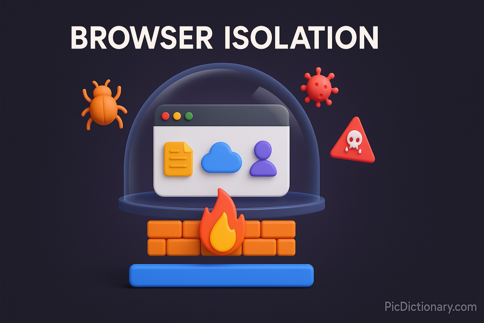 A 3D illustration titled “Browser Isolation” displayed prominently at the top center. The scene shows a web browser window enclosed inside a transparent glass-like security dome. Outside the dome, there are threats like bugs, viruses, and phishing icons trying to reach the browser but being blocked. Inside the dome, the browser displays a calm and secure environment, with icons for documents, cloud, and user profile