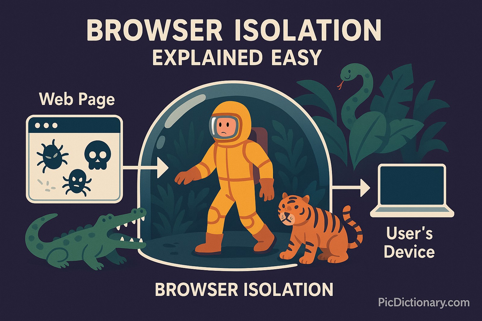 A 3D-style illustrated image showing a person in a thick safety suit walking through a jungle filled with wild animals symbolizing online threats. The person is surrounded by a transparent dome labelled “Browser Isolation” that blocks the animals from reaching them. On the left side, there's a “Web Page” symbol with malware icons trying to enter the dome, while on the right, a “User’s Device” is safely labeled. Arrows show the webpage opening inside the isolated dome, not touching the user's device.