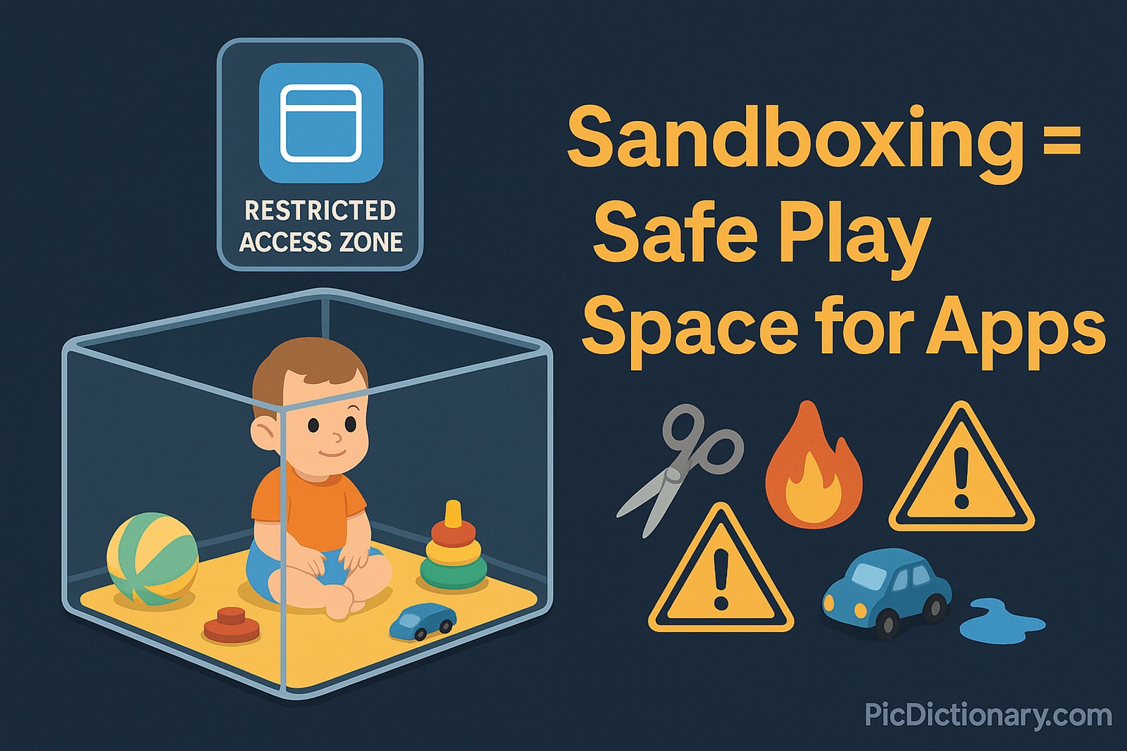 A 3D illustration of a toddler sitting safely inside a transparent playpen surrounded by toys. Outside the playpen, various dangerous objects like scissors, fire, and a spilled liquid are clearly marked with caution signs. Nearby, a large label reads: “Sandboxing = Safe Play Space for Apps.” Above the toddler, a floating icon of a mobile or desktop app is shown inside a similar digital "sandbox" box, labeled “Restricted Access Zone.