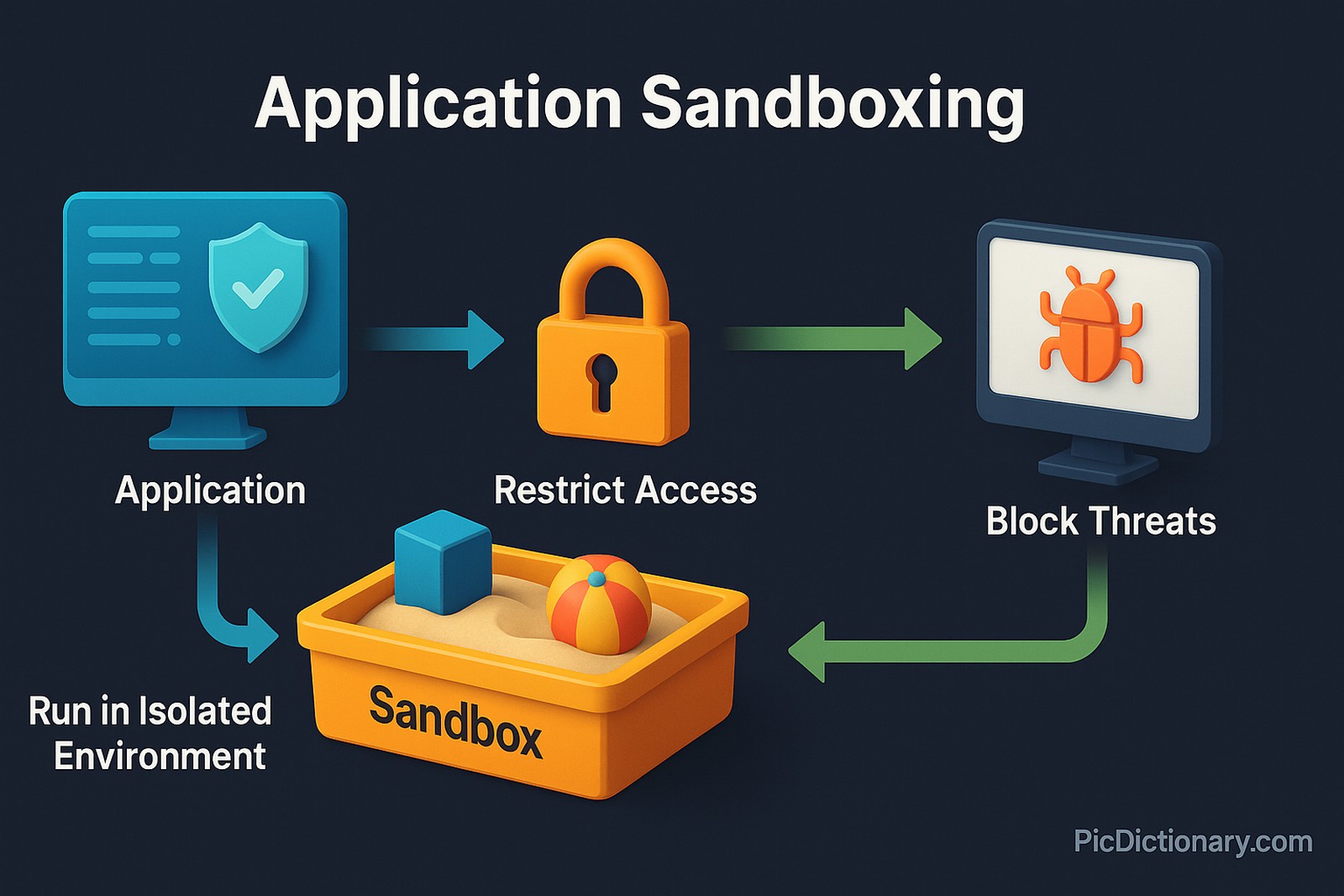 A 3D infographic titled "Application Sandboxing" on a dark blue background illustrates the sandboxing process. A computer monitor labeled "Application" connects via arrows to a lock icon labeled "Restrict Access." Beneath the lock, a labeled orange sandbox with toys shows "Run in Isolated Environment