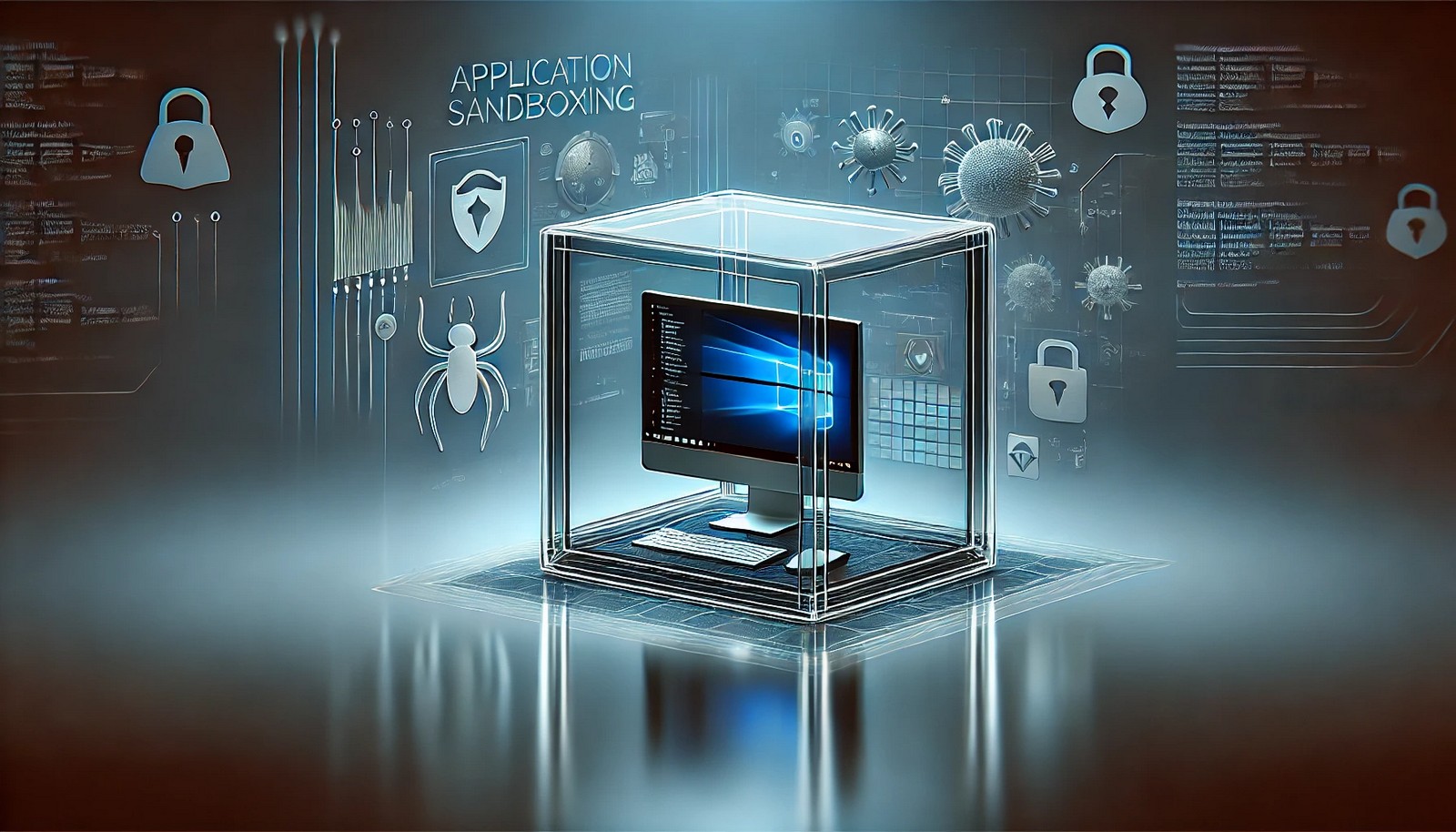 A futuristic digital illustration of application sandboxing, showing a transparent glass-like cube enclosing a secure program. Outside, dark, shadowy figures represent security threats like malware and viruses. The background has a high-tech, cybersecurity theme.