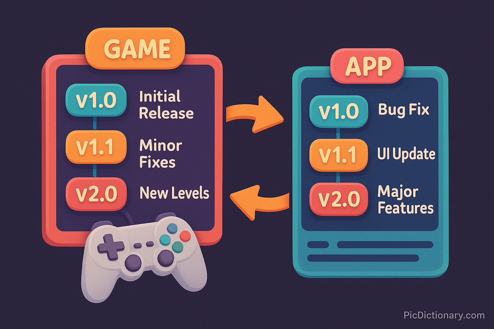 A 3D illustration showing a stylized video game menu with version updates like “v1.0,” “v1.1,” and “v2.0” popping up above a cartoon game controller. Next to each version, short labels read: “Initial Release,” “Minor Fixes,” and “New Levels,” respectively. Below, a parallel track shows a software app interface with similar version tags and labels like “Bug Fix,” “UI Update,” and “Major Features.” Arrows connect the two, highlighting how versioning in games and software both indicate change levels.