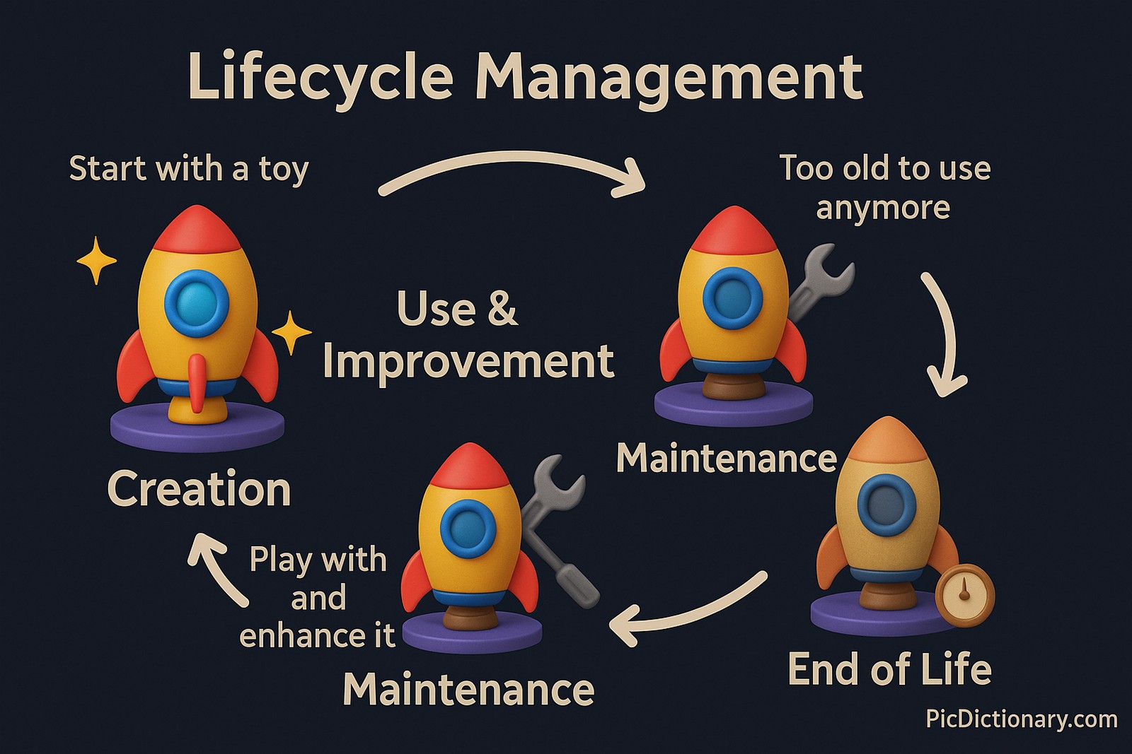 A 2D or 3D illustrated infographic showing the lifecycle of a toy, used as a metaphor for lifecycle management. The image begins with a shiny, brand-new toy labeled “Creation”, then shows the toy being played with and slightly worn labeled “Use & Improvement”, followed by a scene of the toy being cleaned or fixed with a tag “Maintenance”. Later, it shows the toy getting older and put aside with the label “End of Life”. Each stage includes short explanatory labels, arrows connecting the steps in a circular or linear sequence, and subtle icons like tools, sparkles, and clocks.