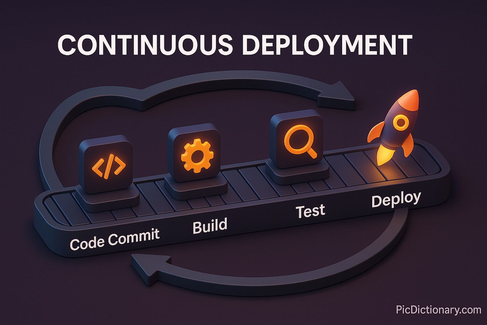 A 3D-rendered dark-themed illustration titled “Continuous Deployment” shows a software release pipeline represented by connected conveyor belts. Each stage—Code Commit, Build, Test, Deploy—is visualized with glowing icons (e.g., a code symbol, gear, magnifying glass, rocket). A circular loop arrows around the entire pipeline to emphasize automation and continuity.