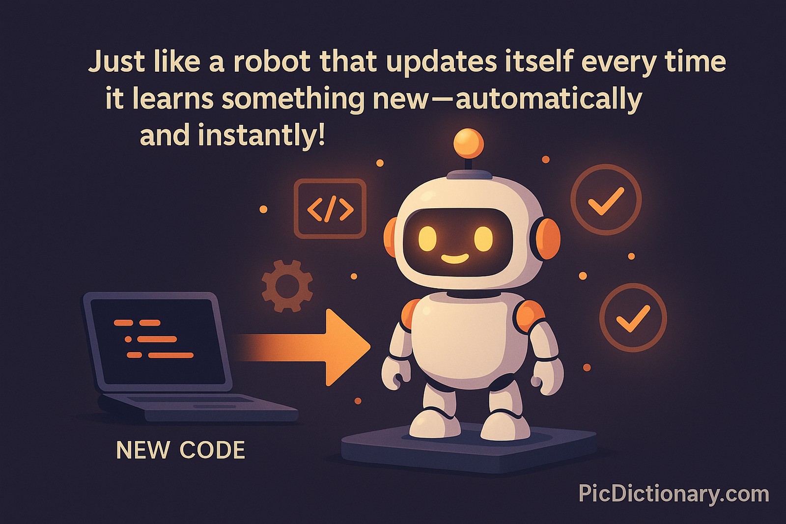 A 3D illustration of a friendly toy robot standing on a platform, surrounded by glowing icons representing software updates (gear symbols, code lines, and checkmarks). The robot is shown smiling and lighting up, as if it's instantly upgrading itself. An arrow from a laptop labeled "New Code" points to the robot, showing that updates are being deployed automatically. 