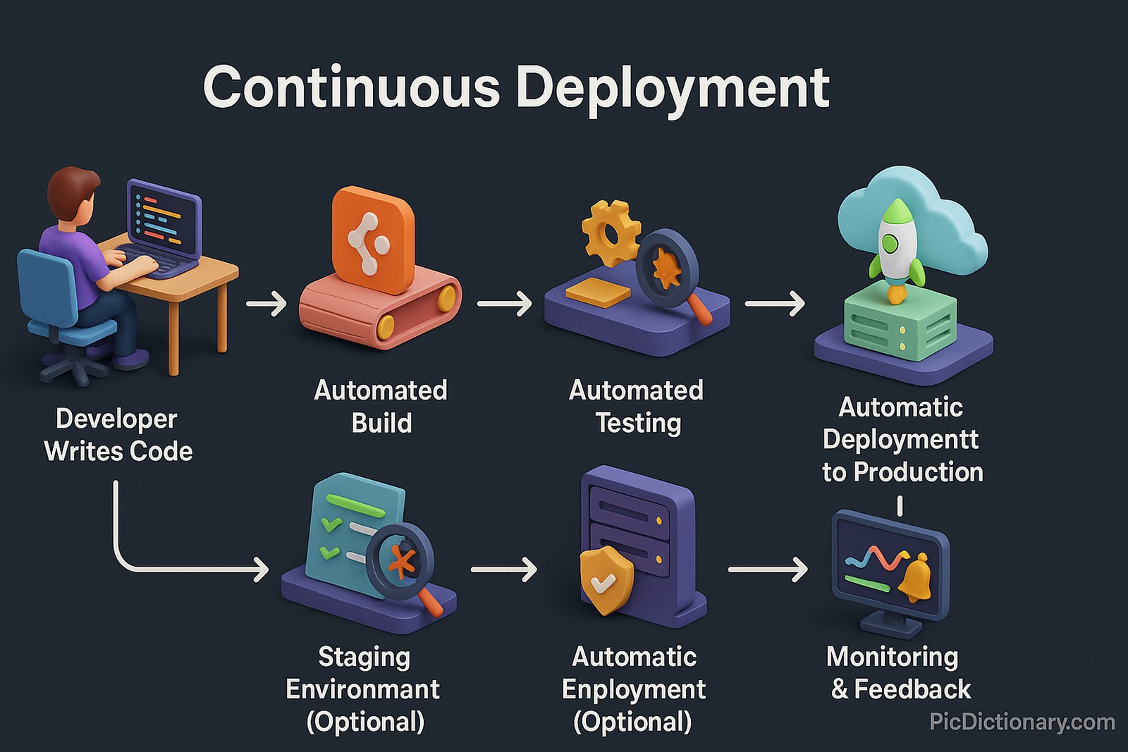 A 3D infographic showing the Continuous Deployment (CD) pipeline in a dark-themed horizontal layout. It starts with a developer writing code, followed by code pushed to a version control system. The next steps are an automated build process, automated testing, an optional staging environment, and automatic deployment to a live production server. The final stage shows real-time monitoring with graphs and alerts