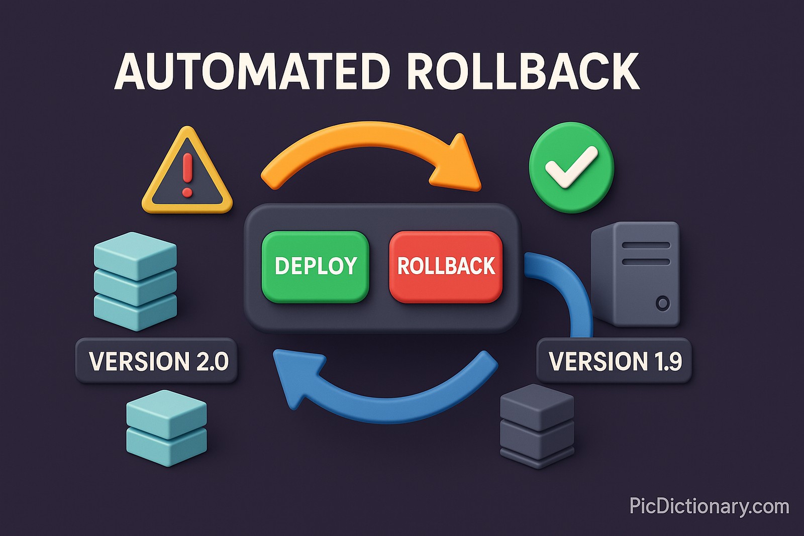 A 3D rendered infographic set against a dark-shaded background illustrates the concept of Automated Rollback in software systems. The center of the image features a stylized control panel with two large buttons—one labeled “Deploy” glowing green, and the other “Rollback” glowing red—symbolizing automated decision-making. Surrounding this panel are curved arrows forming a circular loop, highlighting the automatic restoration of previous versions. On the left side, there’s a “Version 2.0” build shown as a stack of digital blocks being deployed, and on the right, “Version 1.9” is being reloaded seamlessly. 