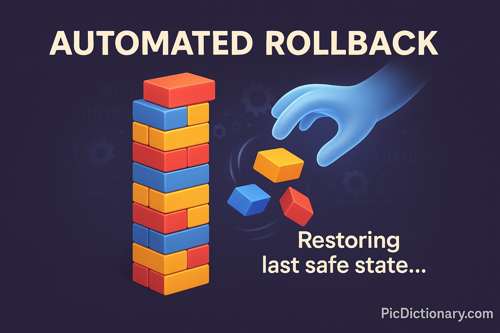 A playful 3D illustration shows a stack of colorful toy blocks forming a tall tower. One side of the tower has begun to collapse, with a few blocks mid-air falling. Just above it, a glowing semi-transparent robotic hand reaches out, gently resetting the toppling section back to its previous stable form. A small caption reads: “Restoring last safe state…” In the background, faint digital elements like gears and binary code suggest this is happening in a software environment. 