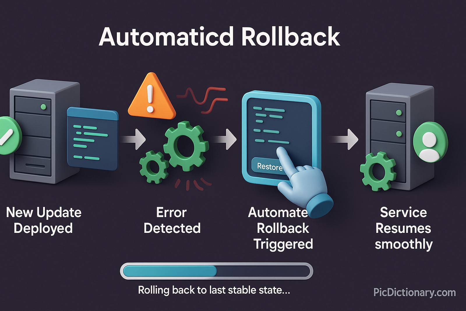 "New Update Deployed" – A 3D server icon emits a green checkmark and code panel, symbolizing deployment of a software update.  "Error Detected" – A warning triangle with an exclamation mark appears next to the server, surrounded by broken gears and a red pulse signal, indicating failure or anomaly.  "Automated Rollback Triggered" – A robotic hand clicks a “Restore” button on a UI screen, representing autonomous detection and initiation of rollback.  "System Reverts to Stable Version" – A progress bar labeled “Rolling back to last stable state...” appears below a time-lapse animation showing code reverting, gears repairing, and the red error signal disappearing.  "Service Resumes Smoothly" – A green-tinted server with clean gears and a smiling user icon represent recovery and uninterrupted user experience.