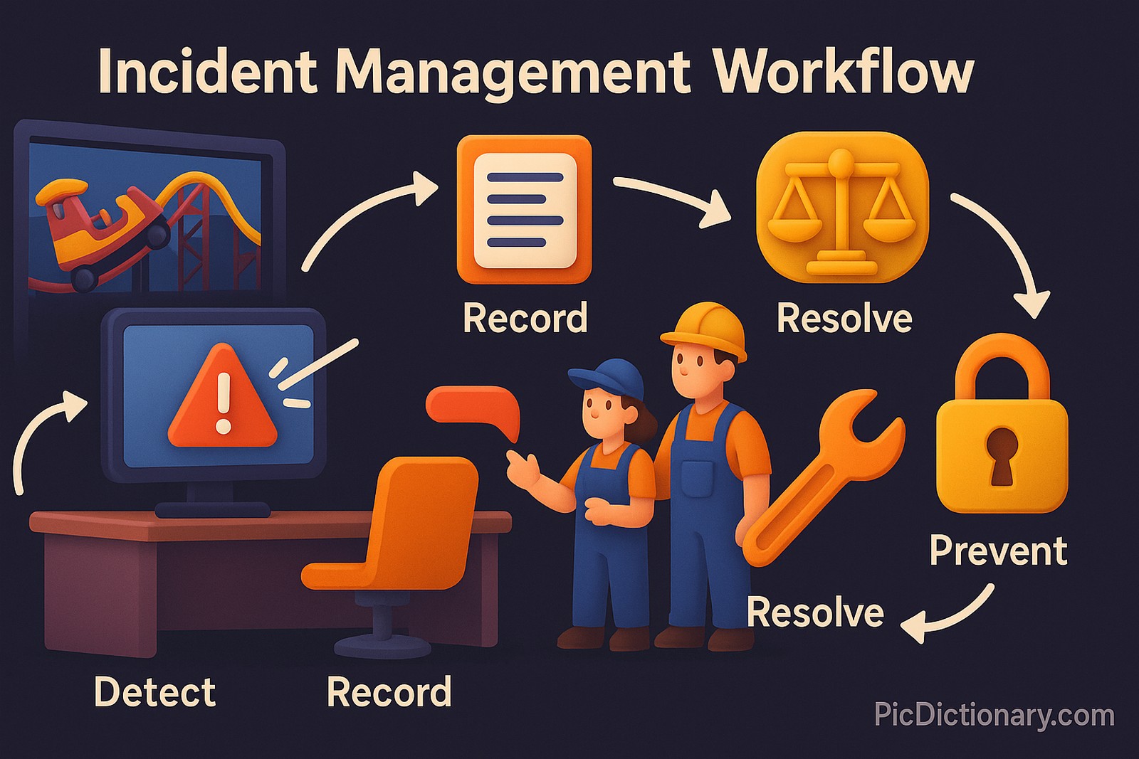 A 3D illustrated scene showing a theme park control room with labeled steps representing the Incident Management Workflow. The visuals include a broken amusement ride, a notification alert popping up on a screen, a technician team investigating the issue, a clipboard labeled "Incident Report," a scale icon showing "Severity Check," a wrench icon for "Fix Applied," and finally a lock icon labeled "Prevention Ensured." 