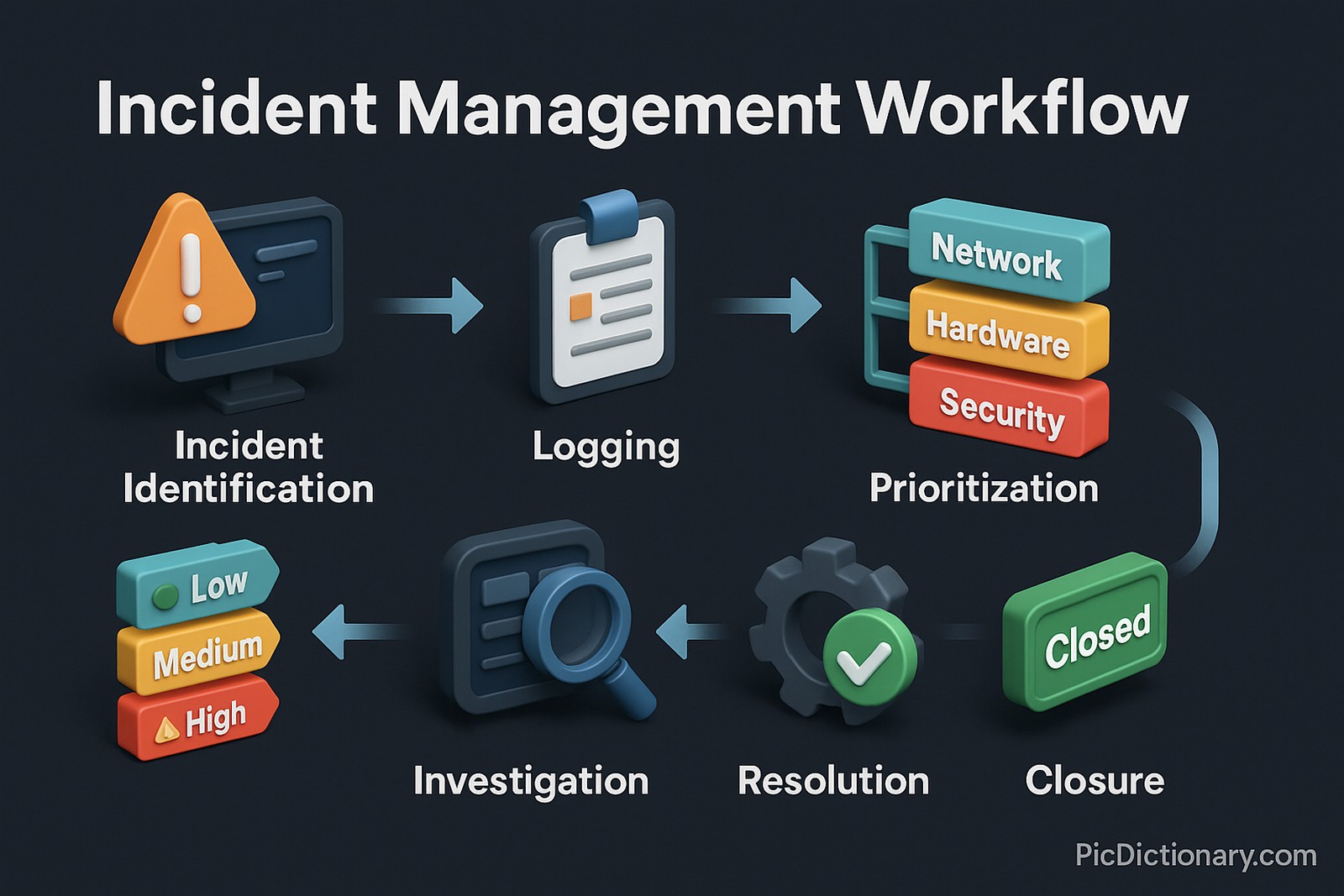 Incident Identification – An alert symbol over a server or system screen.  Logging – A digital logbook or dashboard where the incident is recorded.  Categorization – Branching icons showing different types like “Network,” “Hardware,” or “Security.”  Prioritization – A vertical list with labels like “Low,” “Medium,” and “High,” each with corresponding urgency symbols.  Investigation – A magnifying glass over system components or files.  Resolution – A wrench or gear icon with a checkmark showing problem fixing.  Closure – A green “Closed” stamp or tick mark confirming completion.