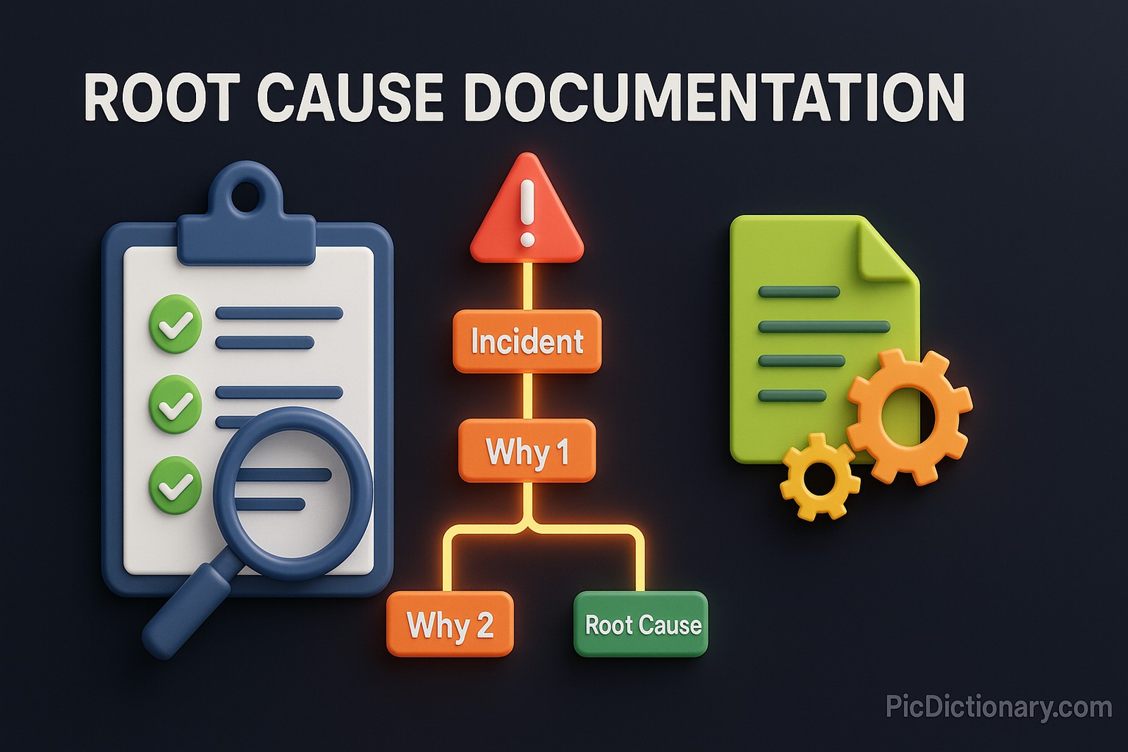 A 3D rendered dark-themed illustration titled "Root Cause Documentation" displayed prominently at the top center. The scene features a glowing flowchart or tree structure starting from a red alert icon and branching downward into layered boxes labeled with terms like "Incident," "Why 1," "Why 2," and "Root Cause." A digital clipboard with checkmarks and a magnifying glass emphasize the concept of investigation and structured analysis. 