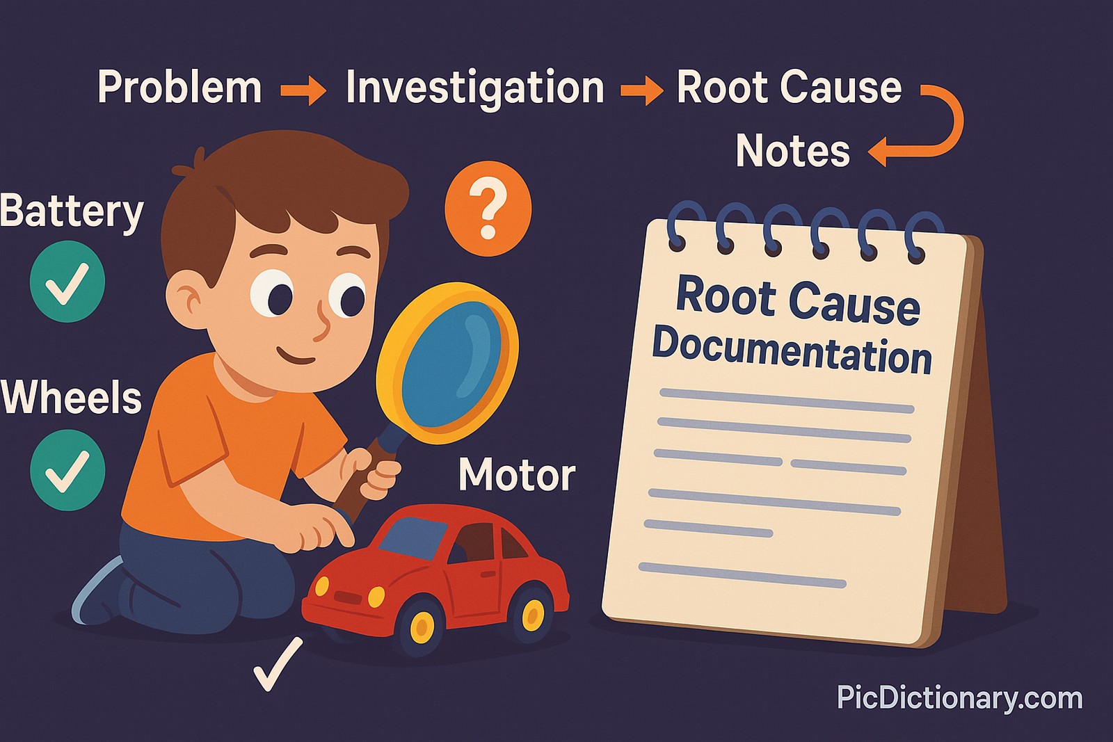A 3D or 2D illustration showing a child examining a broken toy car on a dark background. The child is surrounded by labeled parts like “Battery,” “Motor,” and “Wheels,” with checkmarks and question marks indicating inspected components. Nearby, a notepad or tablet displays a page titled “Root Cause Documentation” with written observations. A visual arrow loop connects “Problem → Investigation → Root Cause → Notes → Prevention.” 