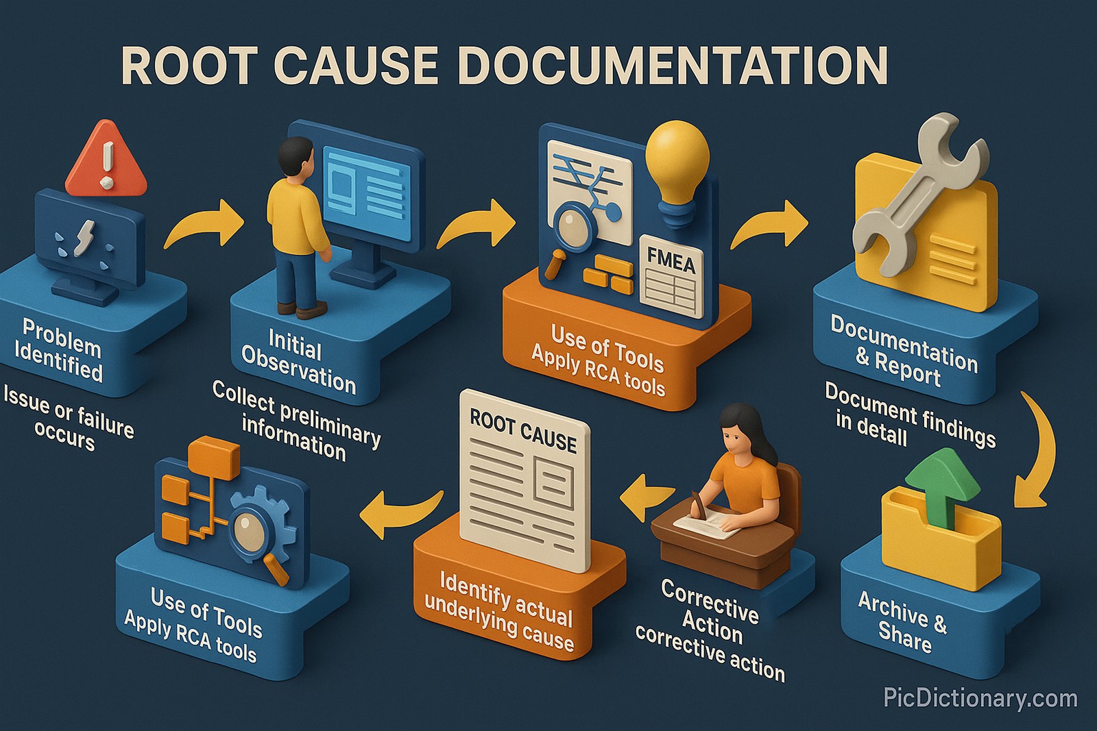 3D infographic showing the step-by-step process of Root Cause Documentation. It begins with identifying a system issue, followed by investigation using analysis tools like Fishbone diagrams and the 5 Whys. The root cause is discovered and formally documented, leading to preventive actions. 