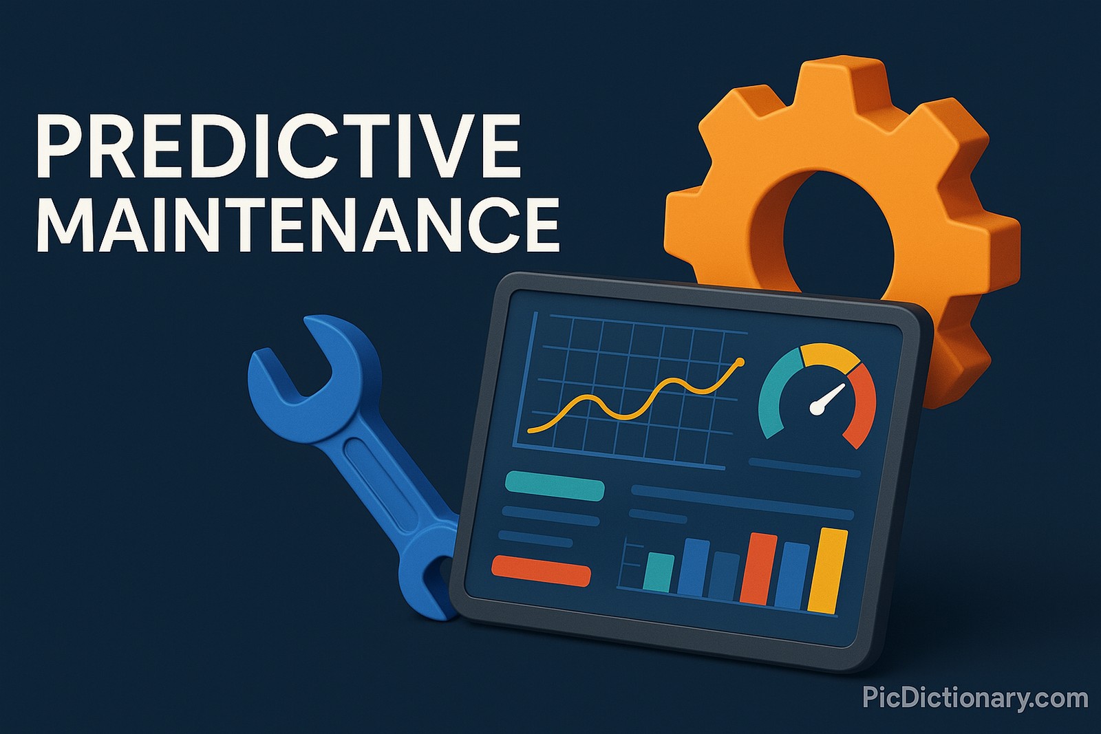A 3D-rendered featured image for an article titled “Predictive Maintenance,” set against a dark blue background. On the left, bold white title text reads “Predictive Maintenance.” At the center is a digital dashboard tablet displaying graphs, gauges, and predictive analytics charts. A bright orange gear sits behind the tablet, while a blue wrench lies beside it. 
