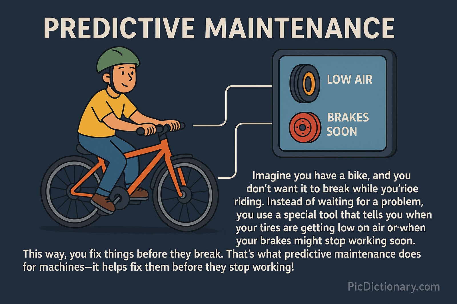  A 2D digital illustration explains predictive maintenance using a bicycle analogy. On the left, a smiling young man rides an orange bike while wearing a green helmet. On the right, a diagnostic display shows icons indicating "Low Air" and "Brakes Soon." A connecting line links the bike to the diagnostic tool. Below the display is a simple paragraph explaining how predictive maintenance works—monitoring components and alerting users before failures occur. 