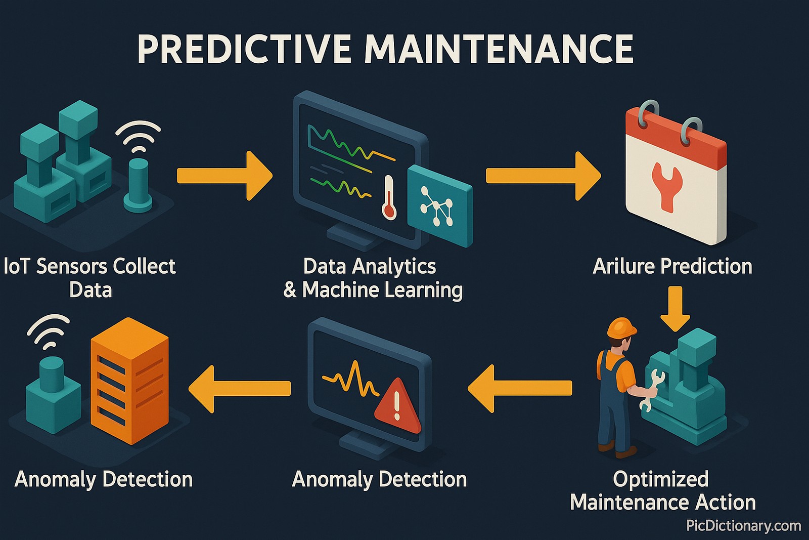 3D infographic illustrating the step-by-step process of predictive maintenance in a dark-shaded background. The workflow starts with “IoT Sensors Collect Data” showing machines equipped with sensors emitting data signals. Next is “Real-Time Monitoring” with a dashboard displaying live metrics like temperature and vibration. Then comes “Data Analytics & Machine Learning”, represented by a server and algorithm icons analyzing patterns. The fourth stage is “Anomaly Detection” with a red-highlighted alert on abnormal behavior. Following that is “Failure Prediction”, showing a calendar and wrench indicating future breakdown estimates. 
