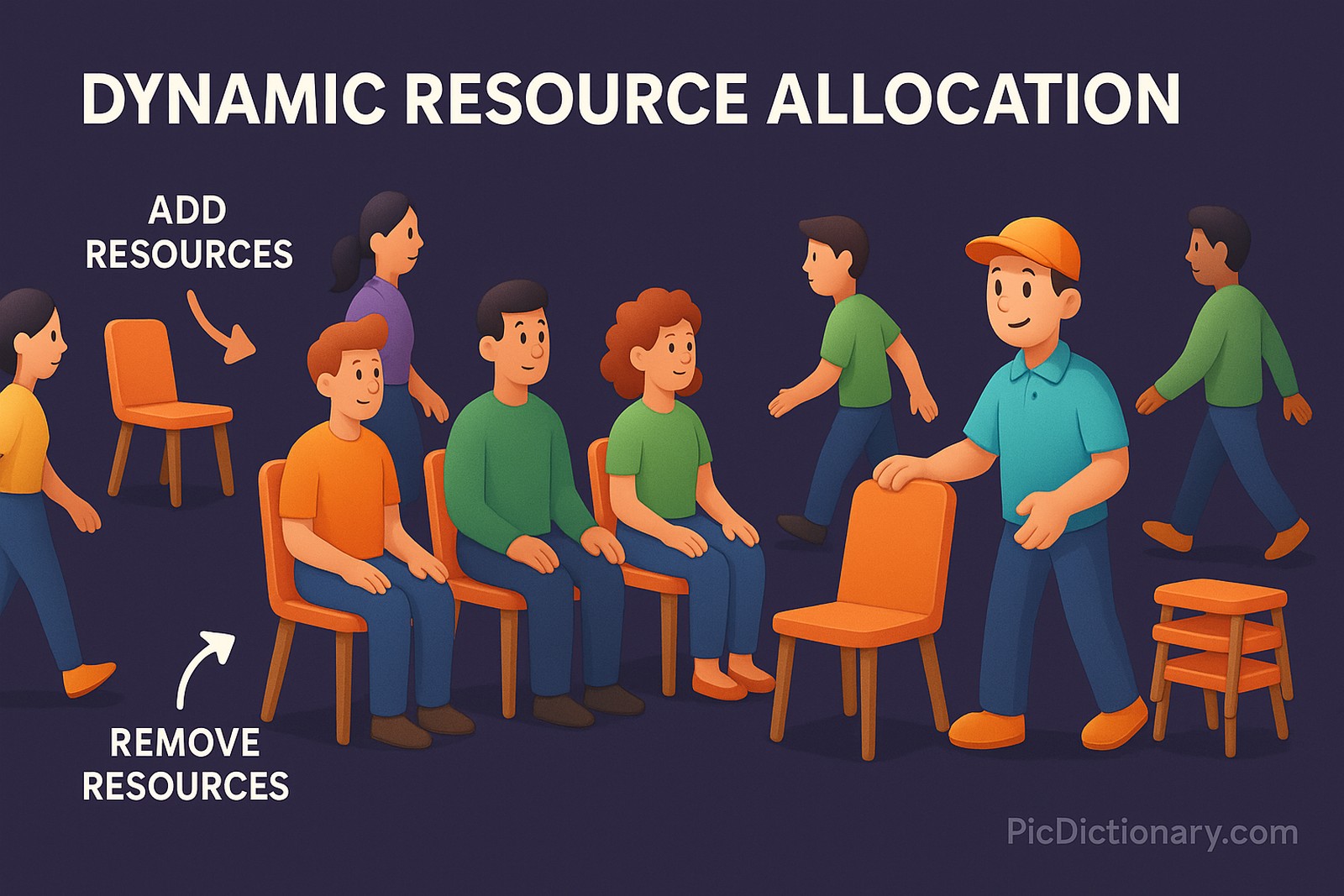 A 3D illustration showing a group of cartoon-style people sitting on chairs in a room. Some people are entering, while others are leaving. A helpful character is seen quickly adding or removing chairs to match the number of people. Above the scene, there is a floating label that reads: “Dynamic Resource Allocation”. Small labels highlight key elements like “Add Resources” next to new chairs and “Remove Resources” near a pile of stacked chairs. 